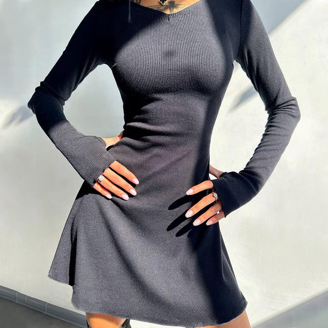 Black V Neck Long Sleeve Mini Dress Elegant Slim Fit Women Dress